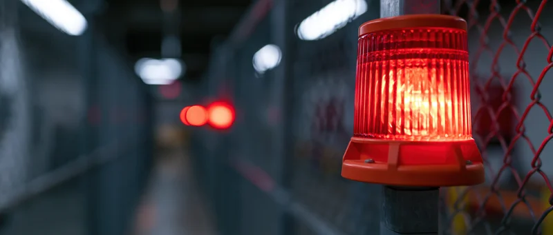 Red industrial warning beacon glowing on a metal pole beside a chainlink fence in a dim corridor