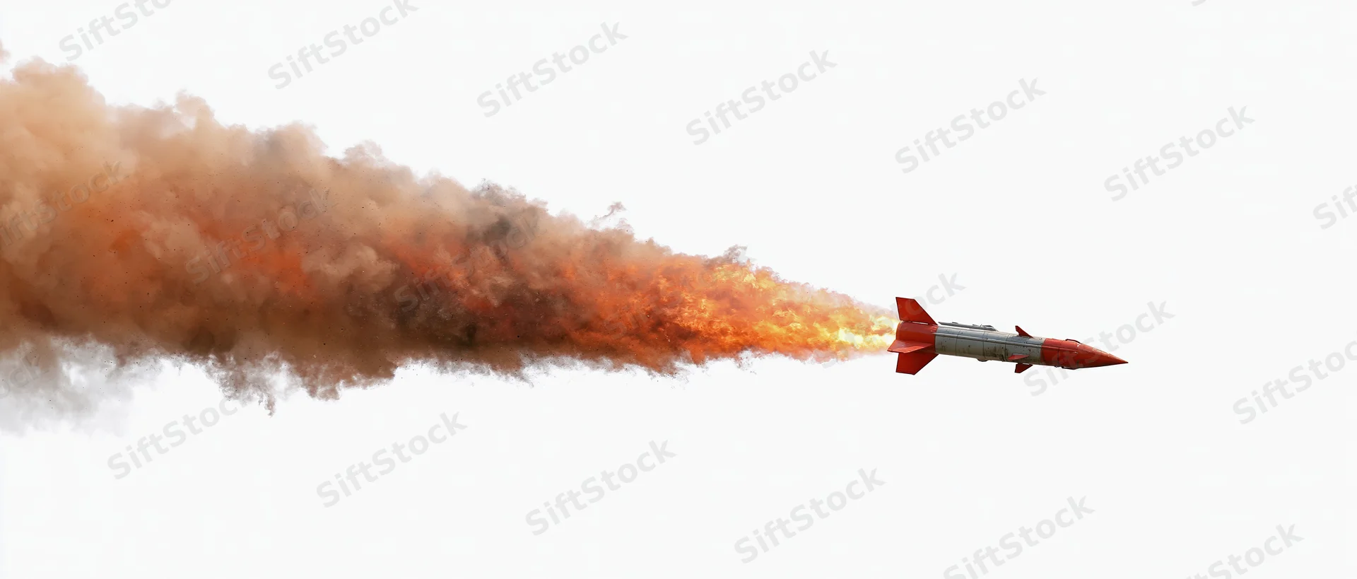 Red military missile in flight leaving fiery smoke trail against white sky