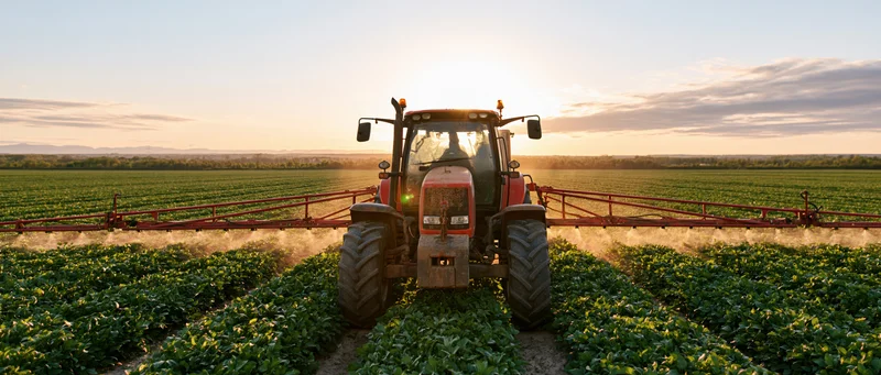 Red tractor spraying crops in a green field at sunset