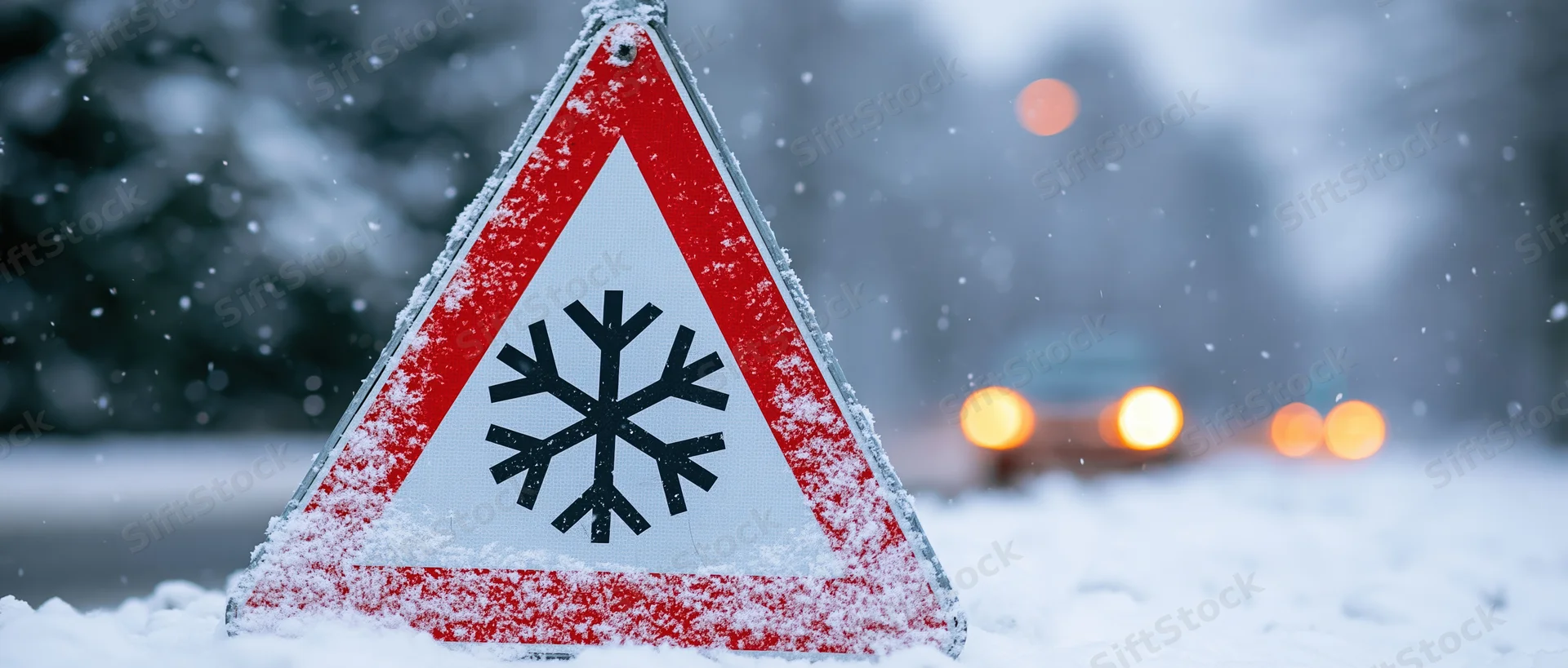 Red triangular warning sign with black snowflake symbol on snowy road during snowfall