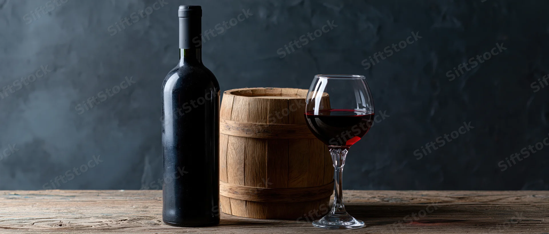 Red wine bottle and half-filled glass beside a small wooden barrel on a worn wooden table against a dark textured background