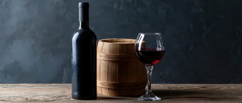 Red wine bottle and half-filled glass beside a small wooden barrel on a worn wooden table against a dark textured background