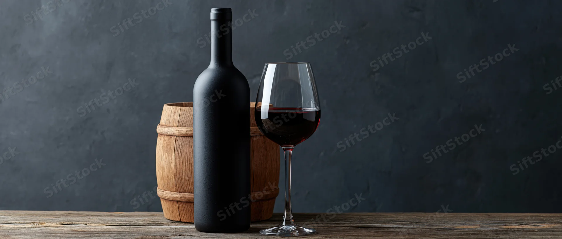 Red wine bottle and half-filled glass on wooden table beside small barrel against dark textured wall