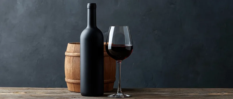 Red wine bottle and half-filled glass on wooden table beside small barrel against dark textured wall
