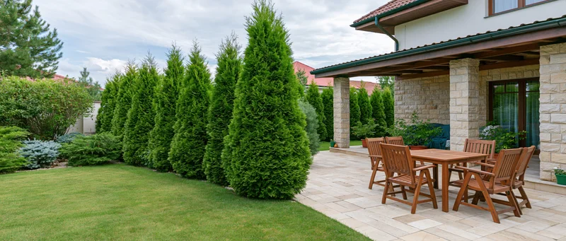 Residential backyard with manicured lawn and ornamental conifers beside a stone patio with wooden furniture