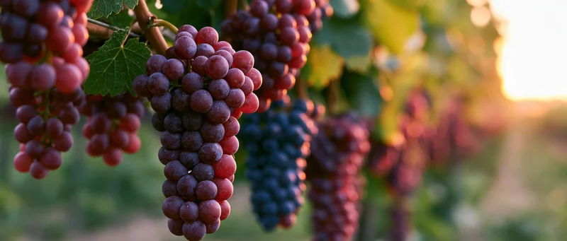 Ripe red and purple wine grapes hanging from a vine in a vineyard at sunset