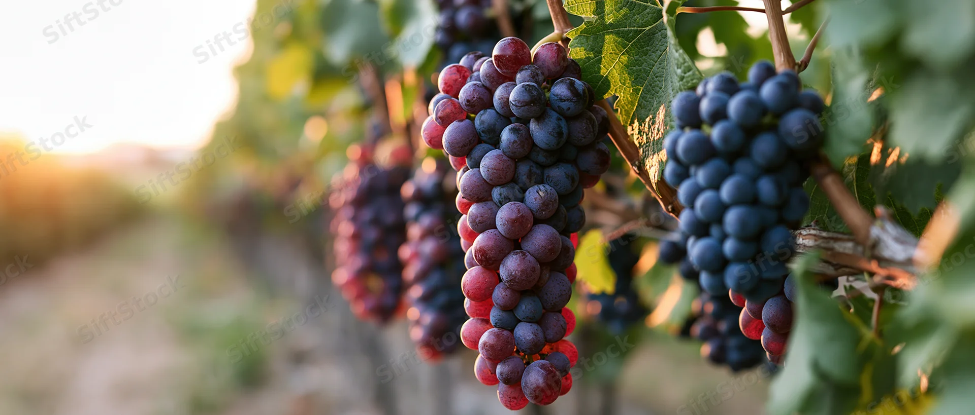 Ripe red and purple wine grapes hanging from a vine in a vineyard at golden hour
