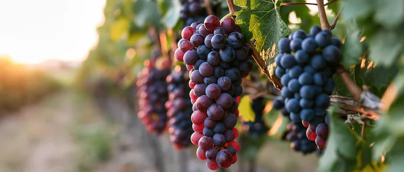 Ripe red and purple wine grapes hanging from a vine in a vineyard at golden hour
