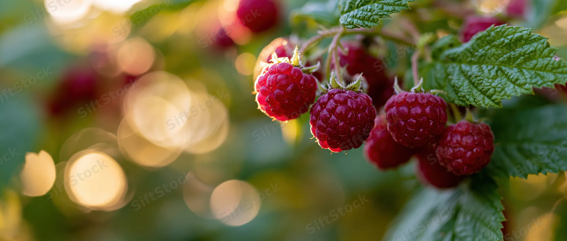 Ripe red raspberries clustered on a bush with serrated green leaves in a garden at summer