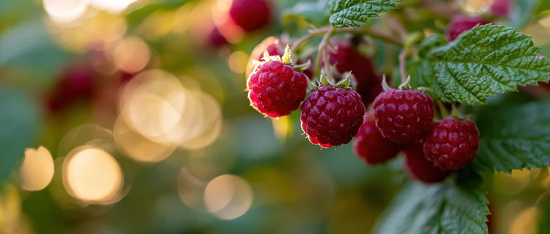 Ripe red raspberries clustered on a bush with serrated green leaves in a garden at summer