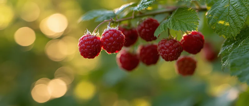 Ripe red raspberries clustered on a bush branch with green leaves in sunlight