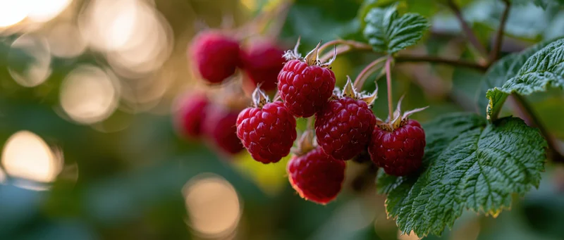 Ripe red raspberries clustered on a bush with serrated green leaves in sunlight