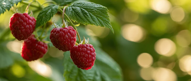Ripe red raspberries clustered on a bush with green leaves in sunlight