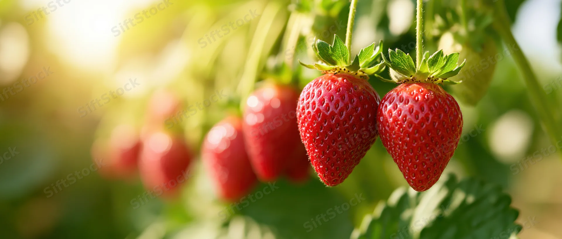 Ripe red strawberries hanging from green leafy plants in a sunlit garden
