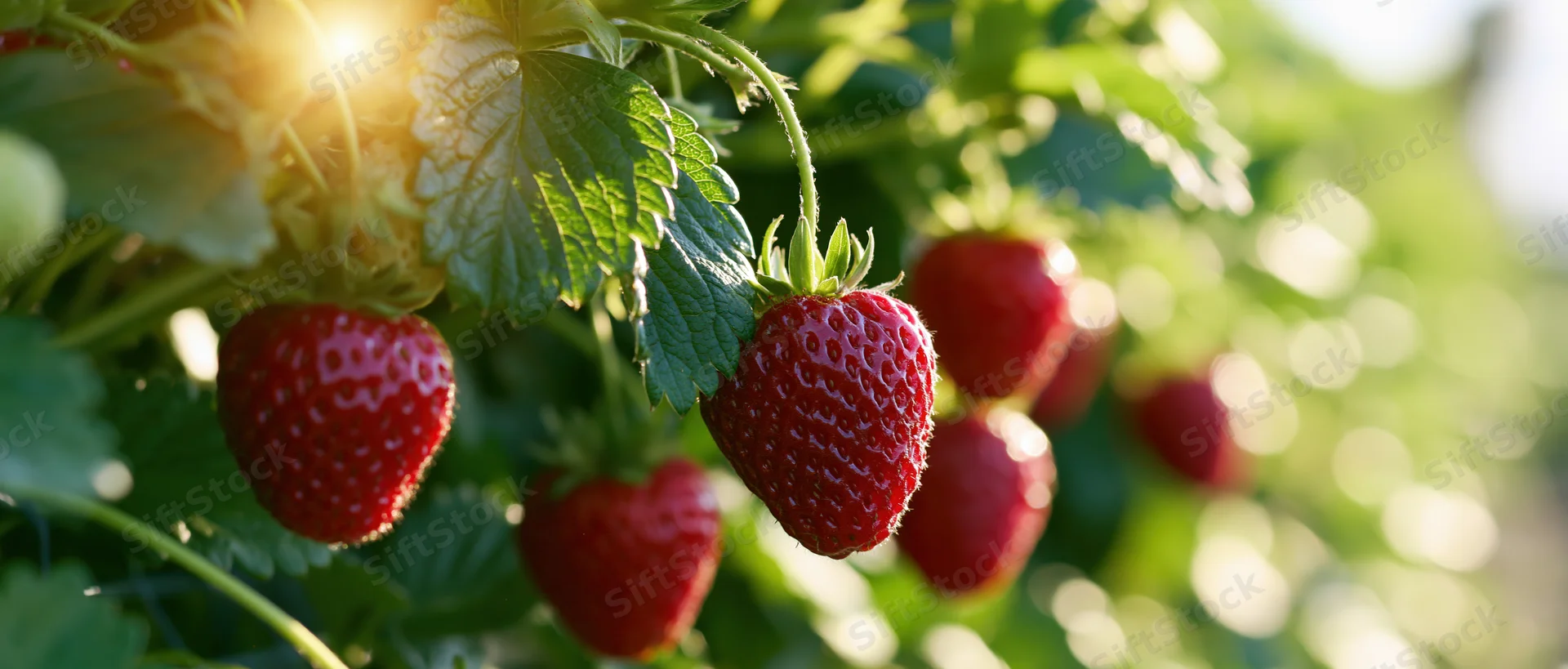 Ripe red strawberries hanging from green leafy plants in a sunlit garden