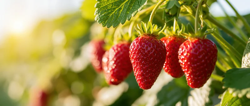 Ripe red strawberries hanging from green leafy plants in a sunlit garden