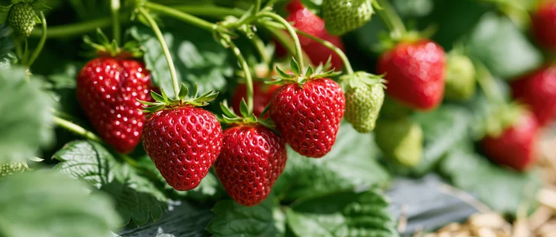 Ripe red strawberries hanging from green leafy plants in a garden