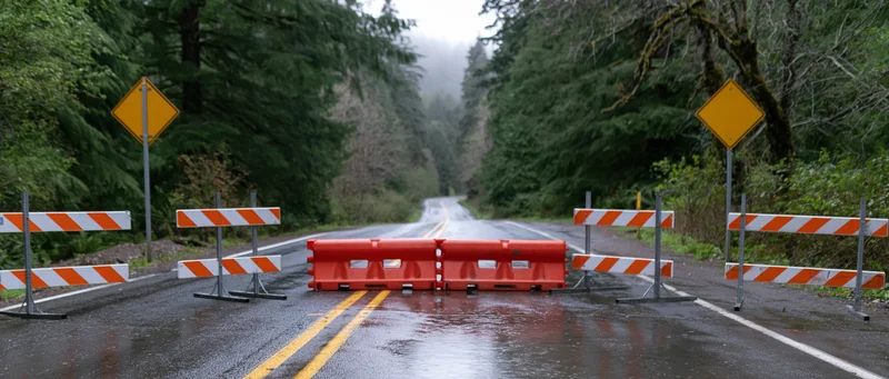 Orange and white striped barricades blocking a wet two-lane highway in a forested area
