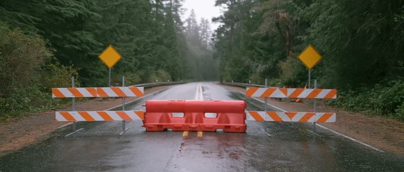 Road closure barricades blocking a wet two-lane highway in a forested area