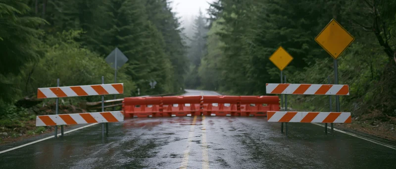Road closure barricades blocking a wet two-lane highway in a forested area