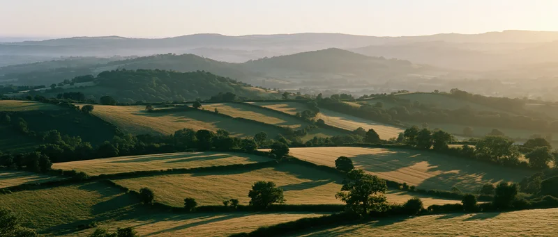 Rolling hills and fields of the english countryside at golden hour