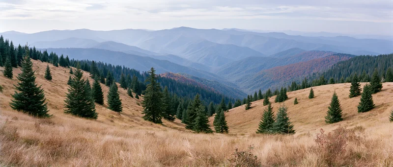 Rolling autumn meadows with scattered spruce trees and distant mountain ranges