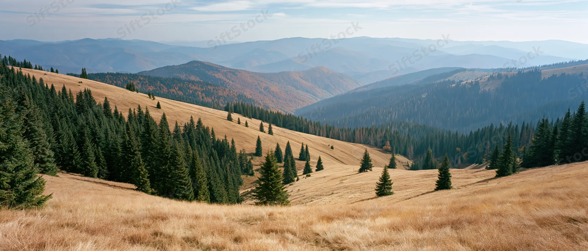 Rolling autumn meadows with scattered spruce trees and distant mountain ranges