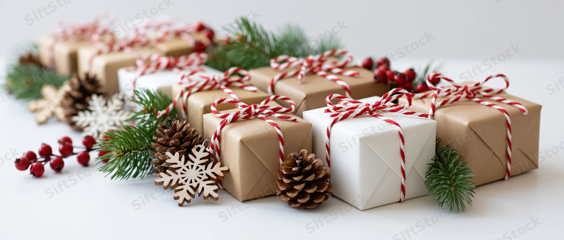 Row of christmas gift boxes wrapped in kraft brown and white paper with red striped ribbon, pinecones, holly berries and wooden snowflakes on white surface