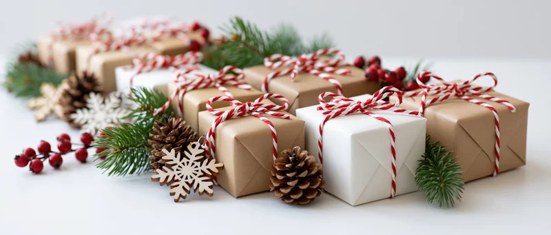 Row of christmas gift boxes wrapped in kraft brown and white paper with red striped ribbon, pinecones, holly berries and wooden snowflakes on white surface
