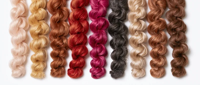 Ten curly hair swatches in different colors arranged in a row on white background