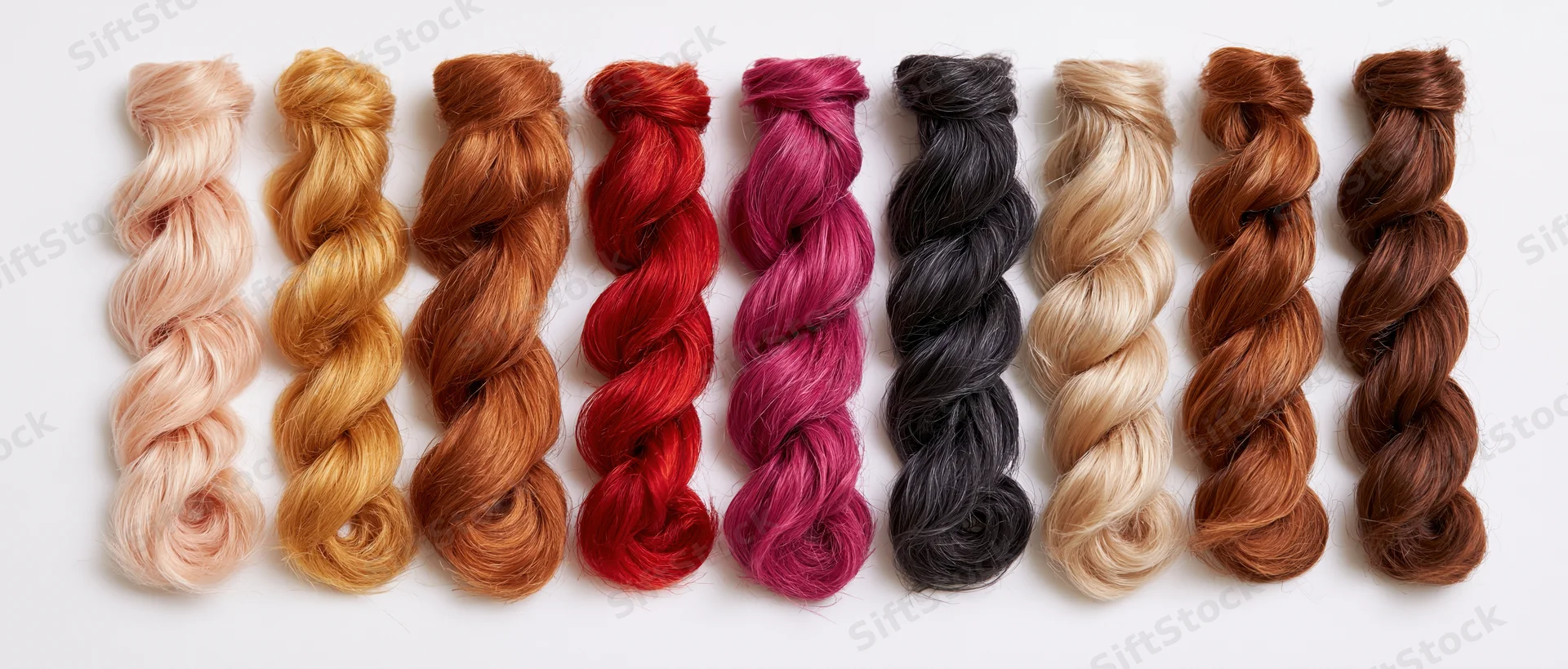 Ten twisted hair color swatches arranged in a row on a white background