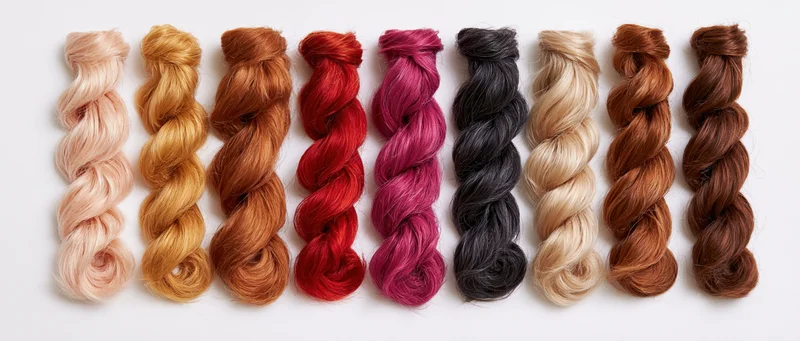 Ten twisted hair color swatches arranged in a row on a white background