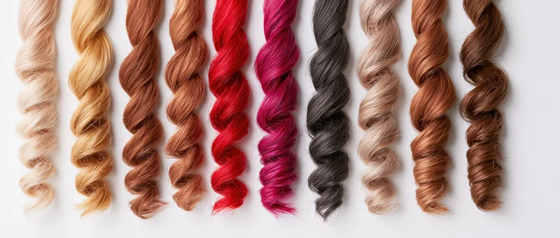 Ten curly hair swatches in various colors arranged in a row on a white background