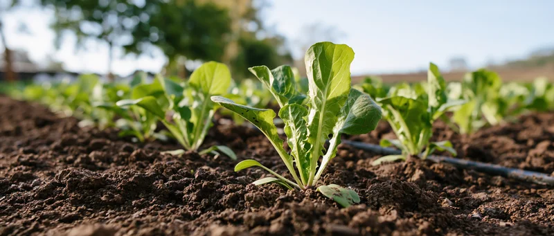 Young lettuce seedlings growing in rows in dark soil with drip irrigation pipe visible