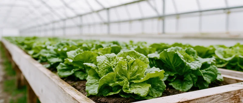 Rows of mature lettuce growing in raised wooden beds inside a greenhouse