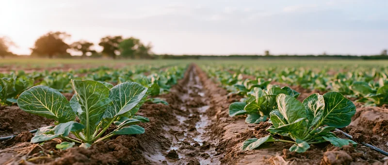 Rows of young cabbage plants growing in a farm field with irrigation lines between them