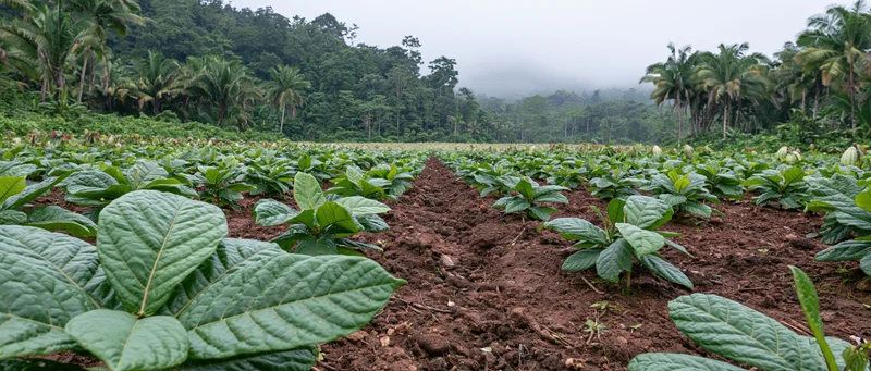 Rows of young cacao plants growing in neat lines across a tropical farm field with misty jungle in the background