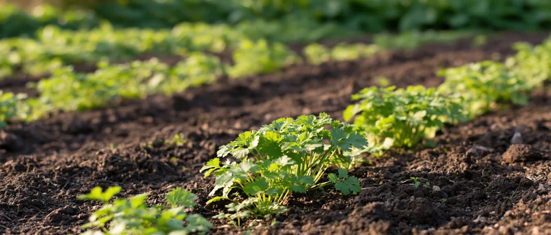 Rows of young celery plants growing in dark tilled soil in a garden field