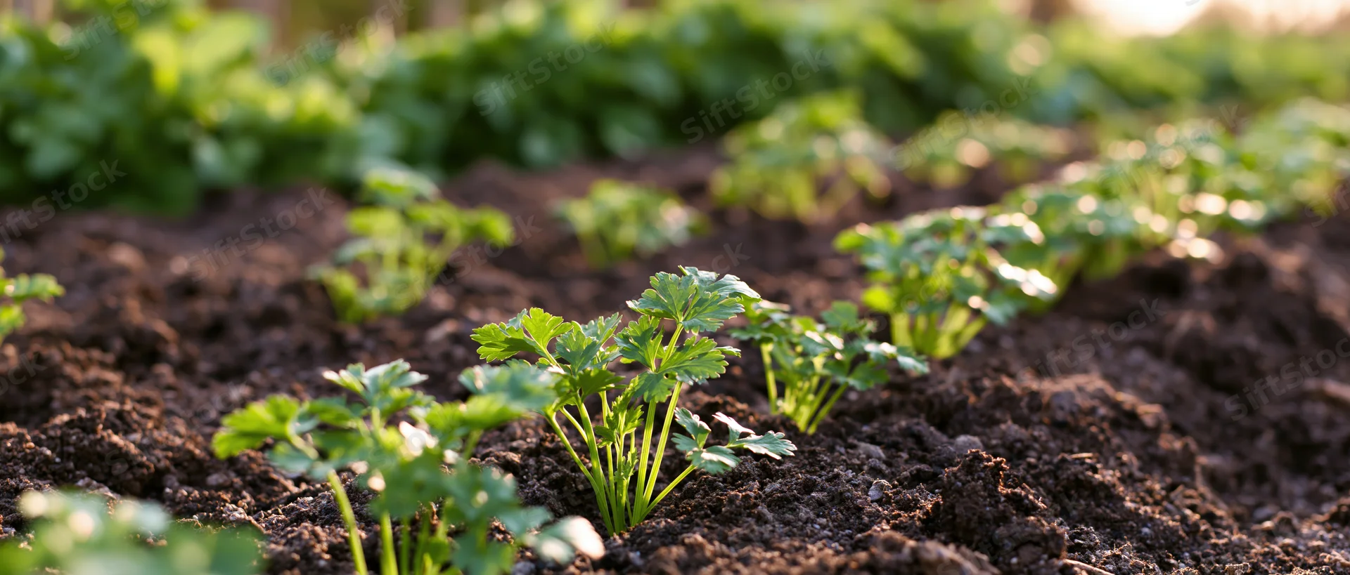 Young celery plants growing in rows in dark tilled soil in a garden