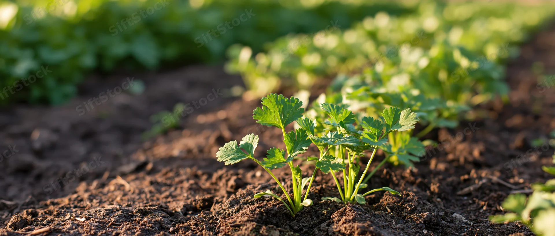 Young celery and coriander plants growing in rows in dark soil under sunlight