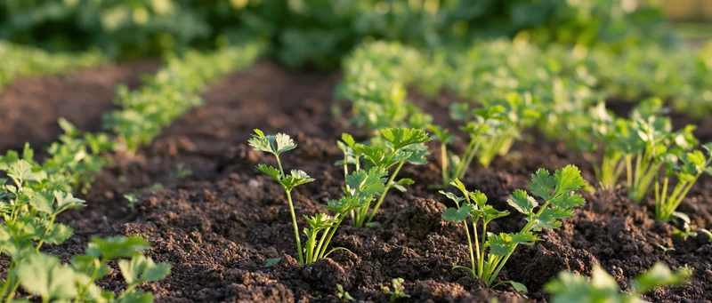 Young celery and coriander plants growing in neat rows in dark tilled soil in a garden field