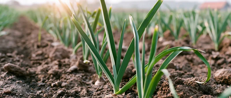 Young garlic plants growing in rows in a tilled field