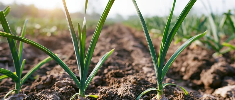 Young garlic plants growing in rows in a tilled field at sunrise
