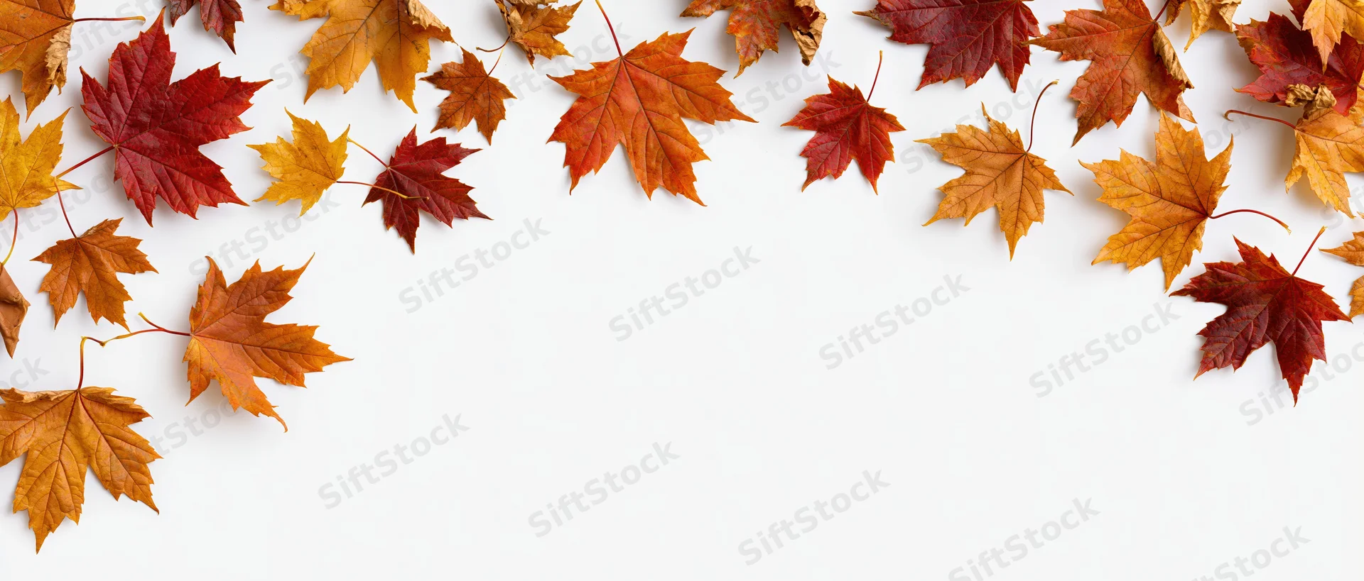Scattered autumn maple leaves arranged along the top edge of a white surface, leaving copyspace below