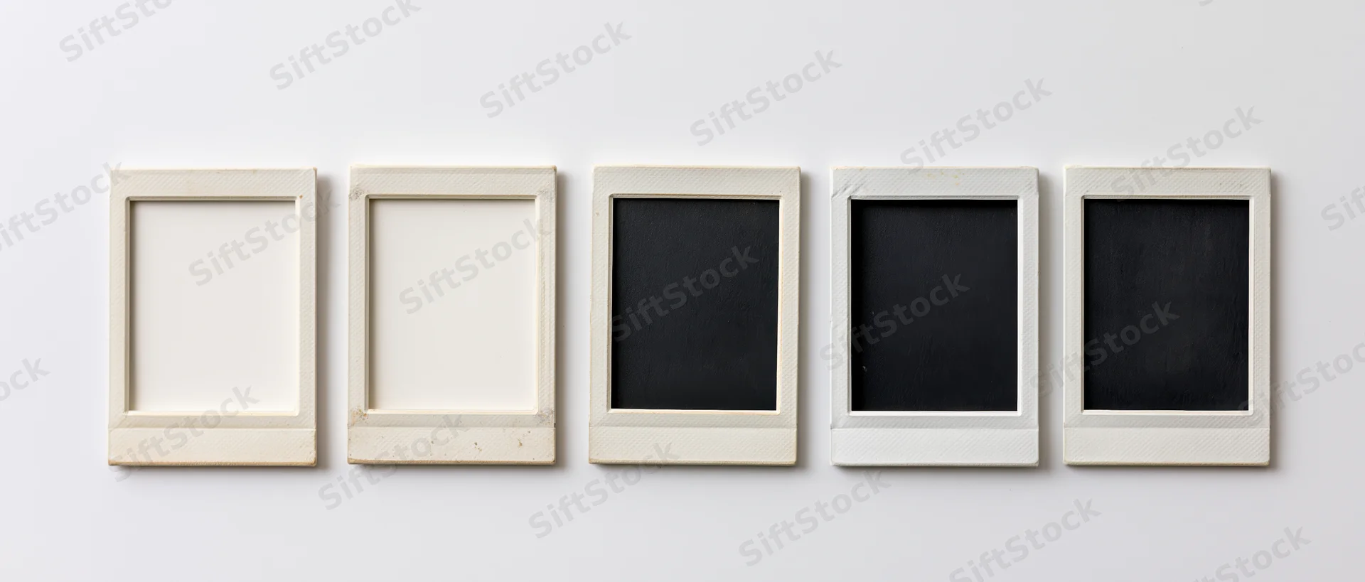 Five blank instant photo frames arranged horizontally on a white surface