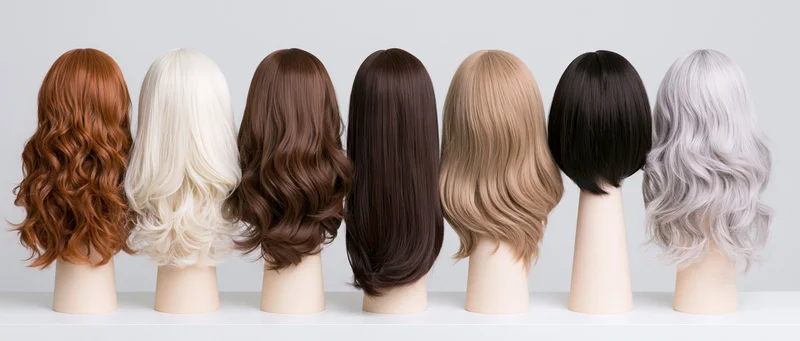 Seven wigs in different colors and styles displayed in a row on mannequin heads