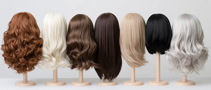 Seven wigs in different colors and styles displayed in a row on mannequin head stands against a white background