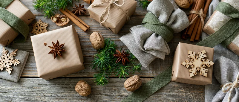 Christmas gifts wrapped in kraft paper with natural decorations on wooden surface