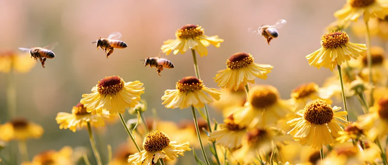 Honeybees in mid-flight foraging among yellow wildflowers in a sunlit meadow