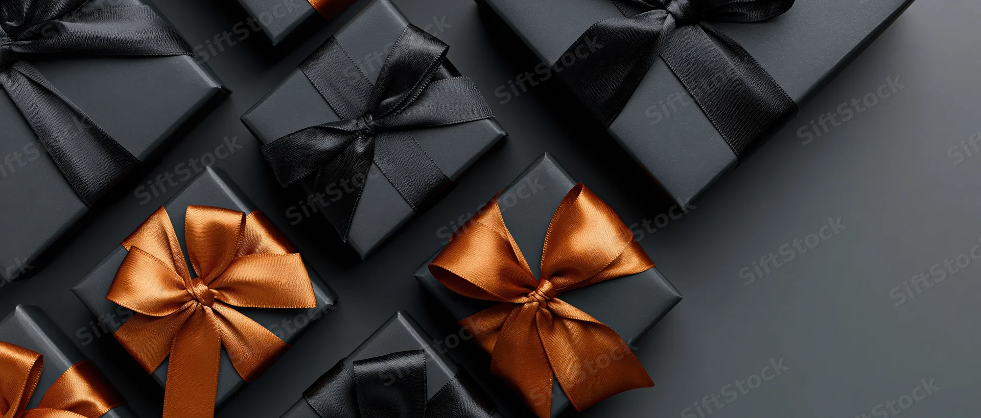 Matte black gift boxes wrapped with black and copper satin ribbons arranged on dark surface